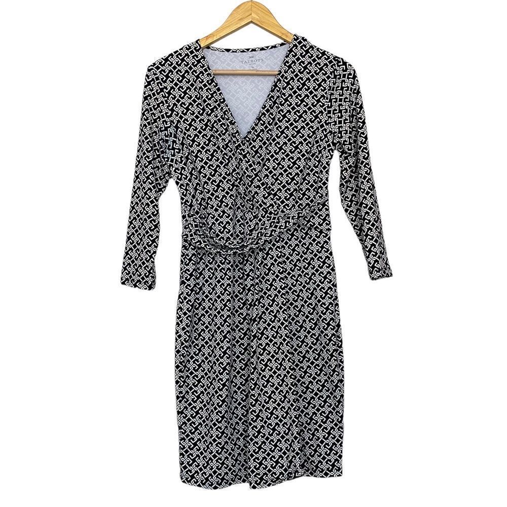 Talbots Black Ivory Geometric Chain 3/4 Sleeve V Neck Dress Women's Size SP